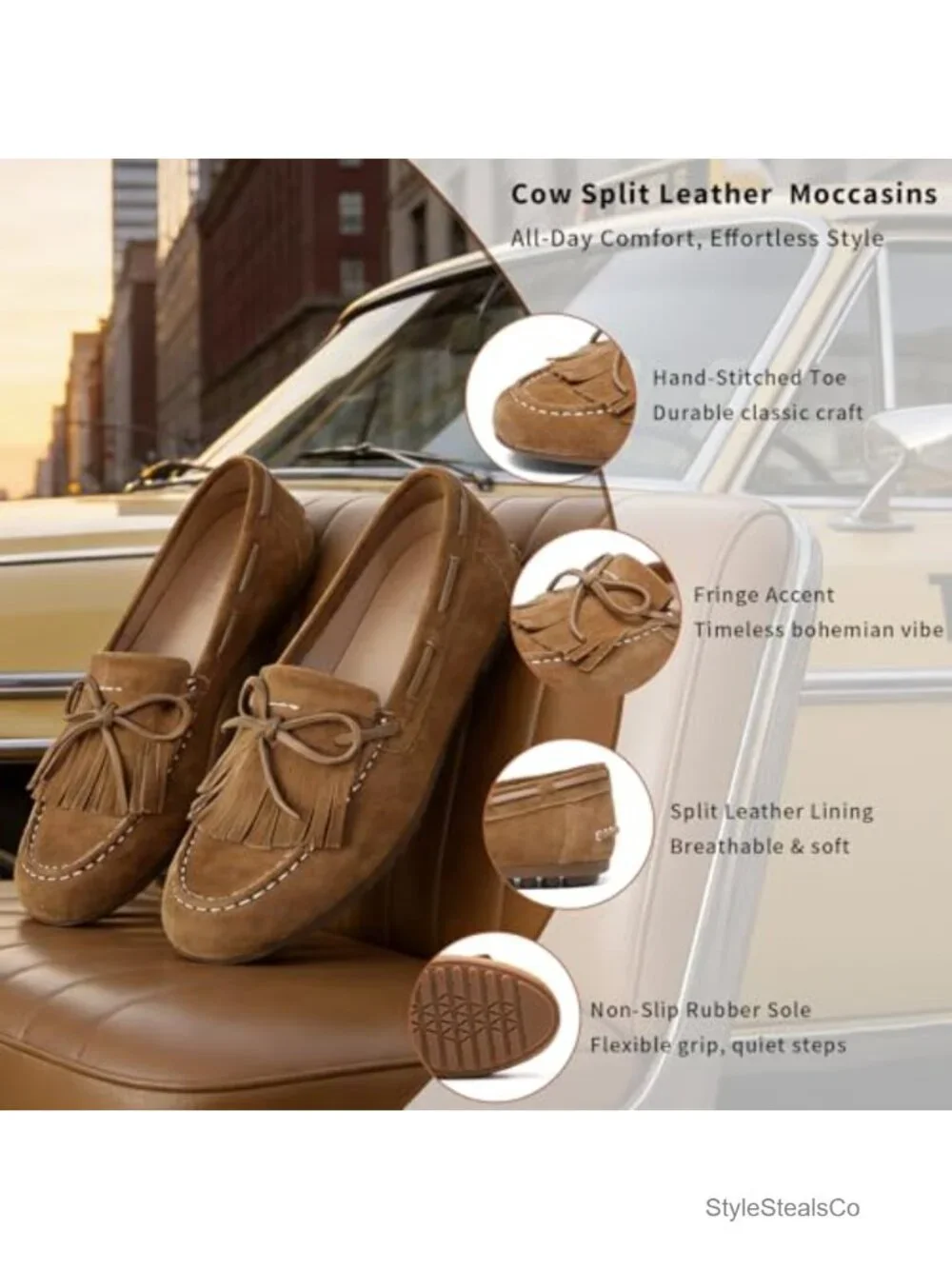 Premium Suede Leather Driving Mocc Fringe Bow Slip-On Loafers Flats